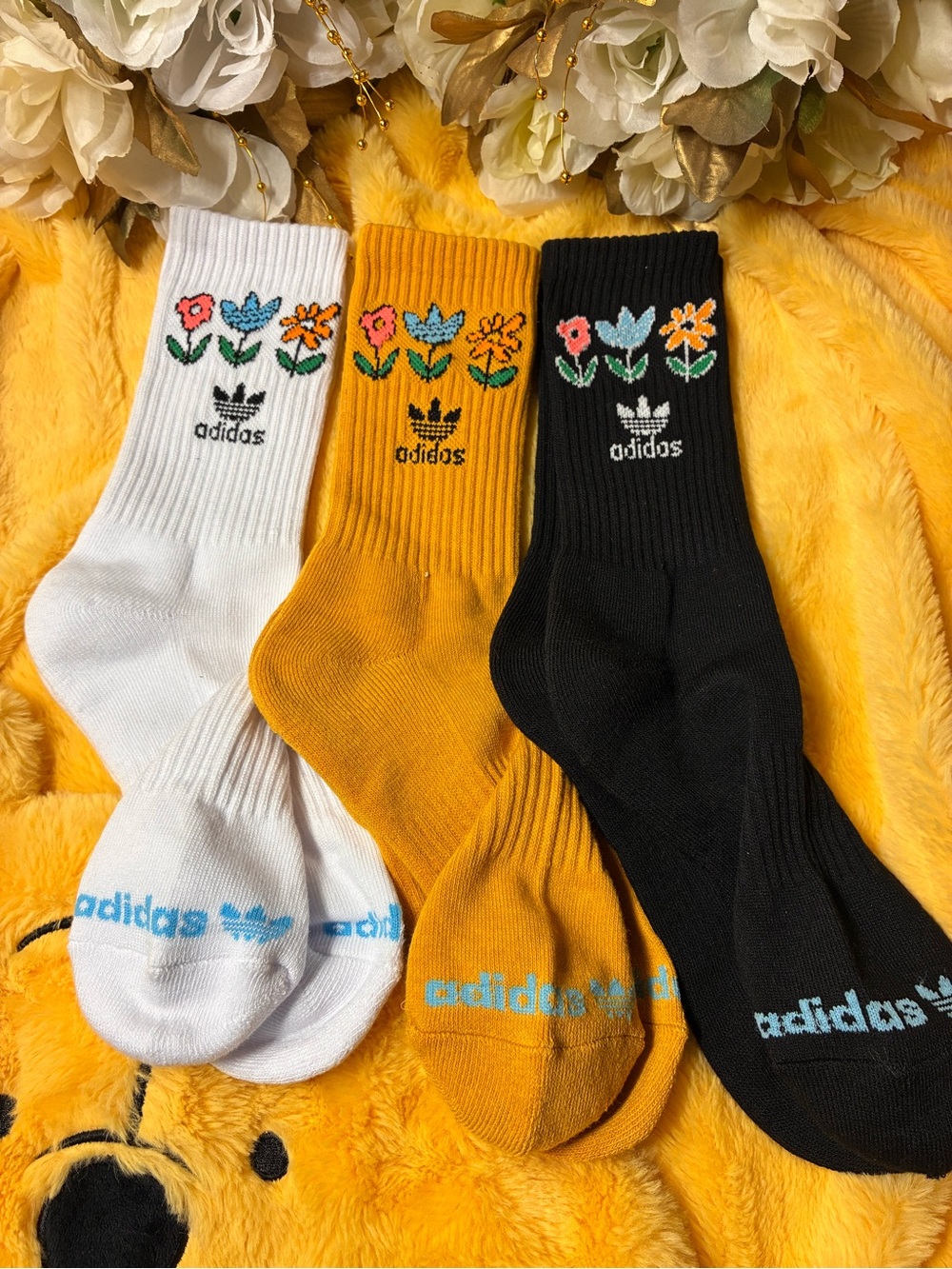 adidas Floral Crew Socks in White, Mustard, Black